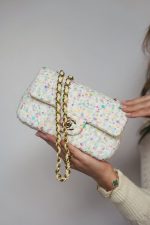 23S White/Light Yellow/Multicolor Sequin Tweed Quilted Mini Rectangular Flap Light Gold Hardware - Image 10