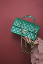 Green Lambskin Quilted Mini Top Handle Aged Gold Hardware - Image 10