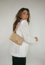 Beige Raffia Pink Tweed Chevron Quilted Small Boy Bag Aged Gold Hardware - Image 6