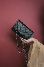 Black Caviar Quilted Crystal CC Wallet on Chain WOC LGHW - Image 10