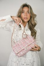 Pink Tweed Quilted Pearl Handle Flap Bag Large LGHW - Image 2