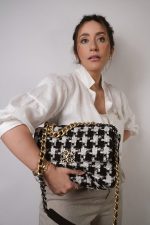 Black White Ecru Houndstooth Tweed Quilted Large 19 Flap Mixed Hardware - Image 6