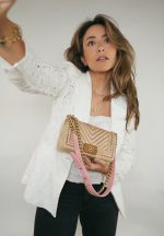 Beige Raffia Pink Tweed Chevron Quilted Small Boy Bag Aged Gold Hardware - Image 2