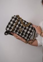 Black White Ecru Houndstooth Tweed Quilted Large 19 Flap Mixed Hardware - Image 10