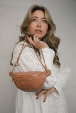 24K Caramel Lambskin Quilted Pearl Crush Waist Bag Aged Gold Hardware - Image 2