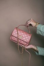 20C Pink Lambskin Quilted Top Handle Flap Aged Gold Hardware - Image 10