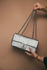 Silver Metallic Lambskin Chanel Symbol Embossed Rectangular Single Flap Ruthenium Hardware - Image 10