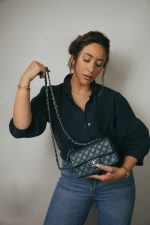 Pearly Navy Caviar Quilted Mini Rectangular Flap Silver Hardware - Image 6