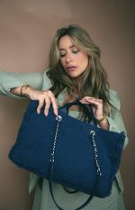 Navy Fringe Canvas Shopping Tote Silver Hardware