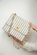 Blue White Striped Linen Quilted Medium XL Single Flap Gold Hardware - Image 10
