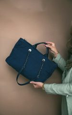 Navy Fringe Canvas Shopping Tote Silver Hardware - Image 9