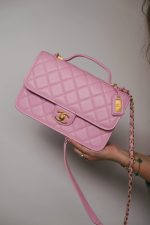 22K Pink Caviar Quilted School Memory Top Handle Flap Aged Gold Hardware - Image 10