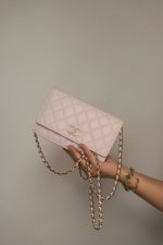 22S Light Pink Caviar Quilted Crystal CC Wallet on Chain WOC LGHW - Image 10