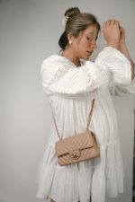 17C Dark Beige Chevron Quilted Mini Rectangular Flap Aged Gold Hardware - Image 6