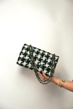 20S Black White Ecru Houndstooth Tweed Quilted Classic Flap Medium LGHW - Image 10