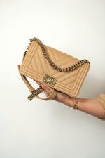 22S Beige Chevron Caviar Quilted Boy Bag Medium Light Gold Hardware - Image 10
