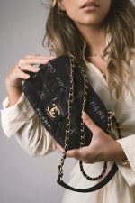 22P Small Black Denim Quilted Single Flap AGHW - Image 6
