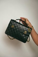 Black Lambskin Quilted Top Handle Double Turnlock Single Flap Gold Hardware - Image 10