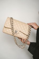 Beige Clair Caviar Quilted Jumbo Classic Flap Silver Hardware - Image 10