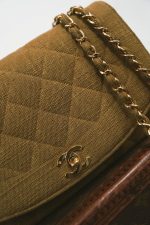 Dark Beige Linen Quilted Diana Flap Medium Gold Hardware - Image 6