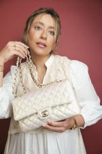 20B Iridescent White Calfskin Quilted Classic Flap Medium Light Gold Hardware - Image 2