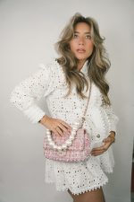Pink Tweed Quilted Pearl Handle Flap Bag Large LGHW - Image 6