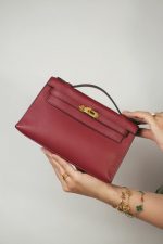 Kelly Pochette Rouge Grenat Swift Gold Plated X Stamp - Image 10