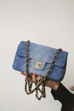 24S Blue Denim Quilted Mini Rectangular Flap Aged Gold Hardware - Image 10