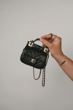 Black Calfskin Quilted Lady Handle Flap Card Holder on Chain Aged Gold Hardware - Image 10