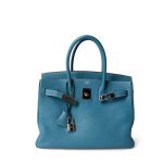 Birkin 30 Blue Jean Togo Palladium Plated H Square Stamp - Image 10