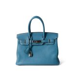 Birkin 30 Blue Jean Togo Palladium Plated H Square Stamp