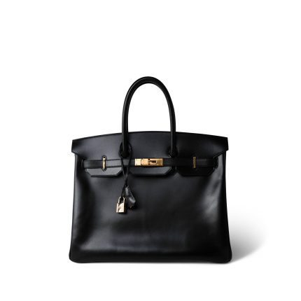 Birkin 35 Black Box Calfskin Gold Plated F Square Stamp