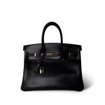 Birkin 35 Black Box Calfskin / Rouge Vif Gold Plated B Square Stamp