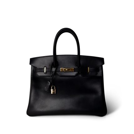 Birkin 35 Black Box Calfskin / Rouge Vif Gold Plated B Square Stamp