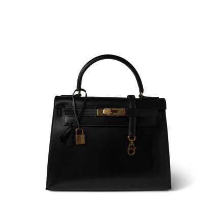 Kelly 28 Sellier Black Box Calfskin Gold Plated P Circle Stamp