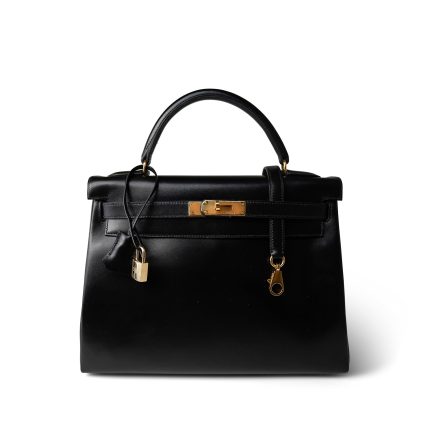 Kelly 32 Black Box Calfskin Gold Plated A Square Stamp