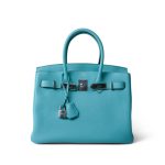 Birkin 30 Blue Atoll Togo Palladium Plated T Stamp - Image 3