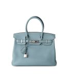 Birkin 30 Blue Ciel Clemence Palladium Plated M Square Stamp - Image 9