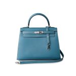 Kelly 28 Sellier Blue Jean Veau Epsom Leather Palladium Hardware M Square Stamp - Image 7