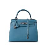 Kelly 28 Sellier Blue Jean Veau Epsom Leather Palladium Hardware M Square Stamp