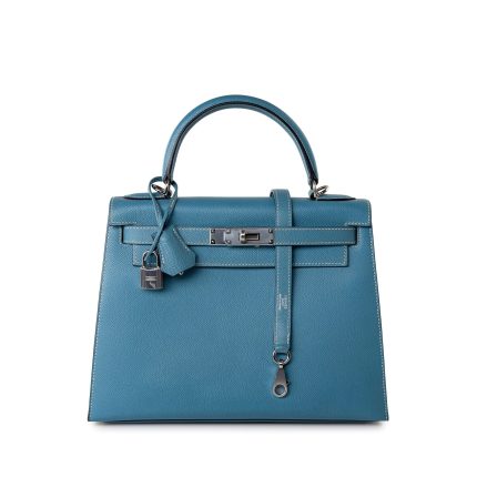 Kelly 28 Sellier Blue Jean Veau Epsom Leather Palladium Hardware M Square Stamp