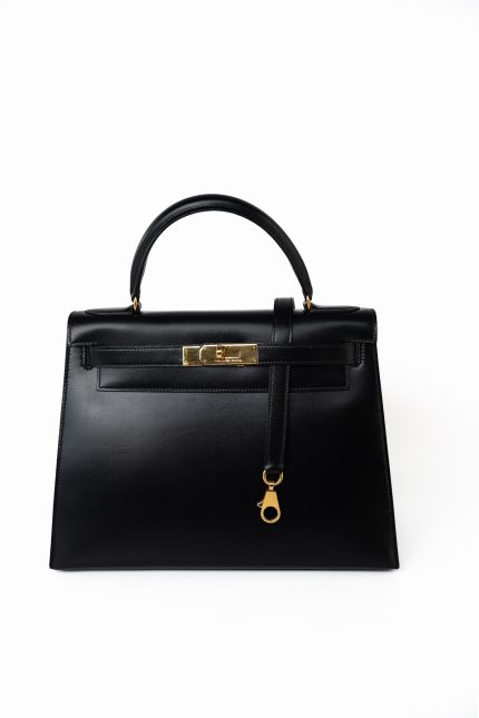 Kelly 28 Black Box Calfskin Leather Gold Hardware
