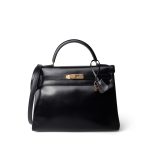 Kelly 32 Black Box Calfskin Gold Plated X Circle Stamp
