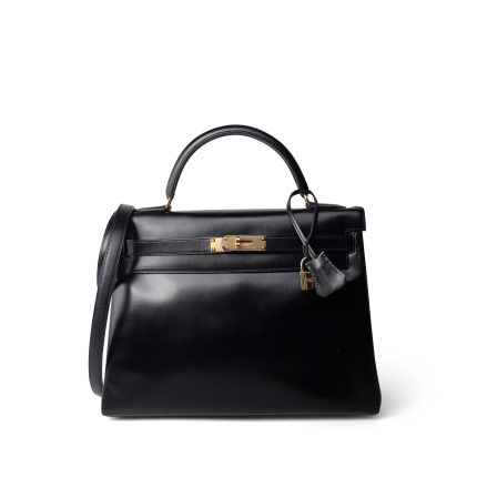 Kelly 32 Black Box Calfskin Gold Plated X Circle Stamp