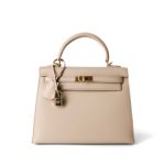 Kelly 25 Beige Box Calfskin Leather Gold Plated Hardware E Square Stamp