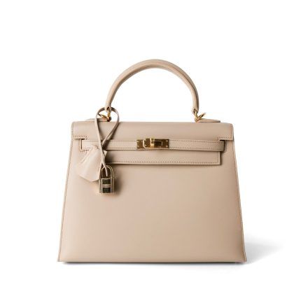 Kelly 25 Beige Box Calfskin Leather Gold Plated Hardware E Square Stamp