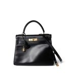 Kelly 28 Black Box Calfskin Gold Plated V Stamp