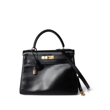 Kelly 28 Black Box Calfskin Gold Plated V Stamp