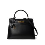 Kelly 28 Sellier Black Box Calfskin Gold Plated P Circle Stamp