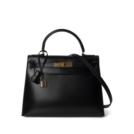 Kelly 28 Sellier Black Box Calfskin Gold Plated P Circle Stamp